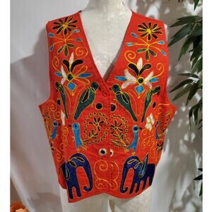 Vtg NWT Arrived Embroidered Button Vest Womens Plus Size 40/20W Red Bird Artsy